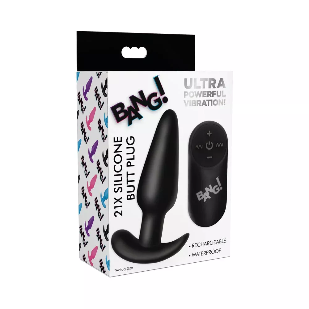 XR Brands BANG! 21X Vibrating Silicone Butt Plug with Remote Control Black