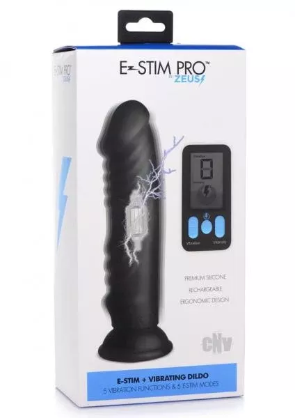 Zeus E-Stim Silicone Dildo With Remote - Vibrating & Electric Shock, 3 Intensity Levels, Black